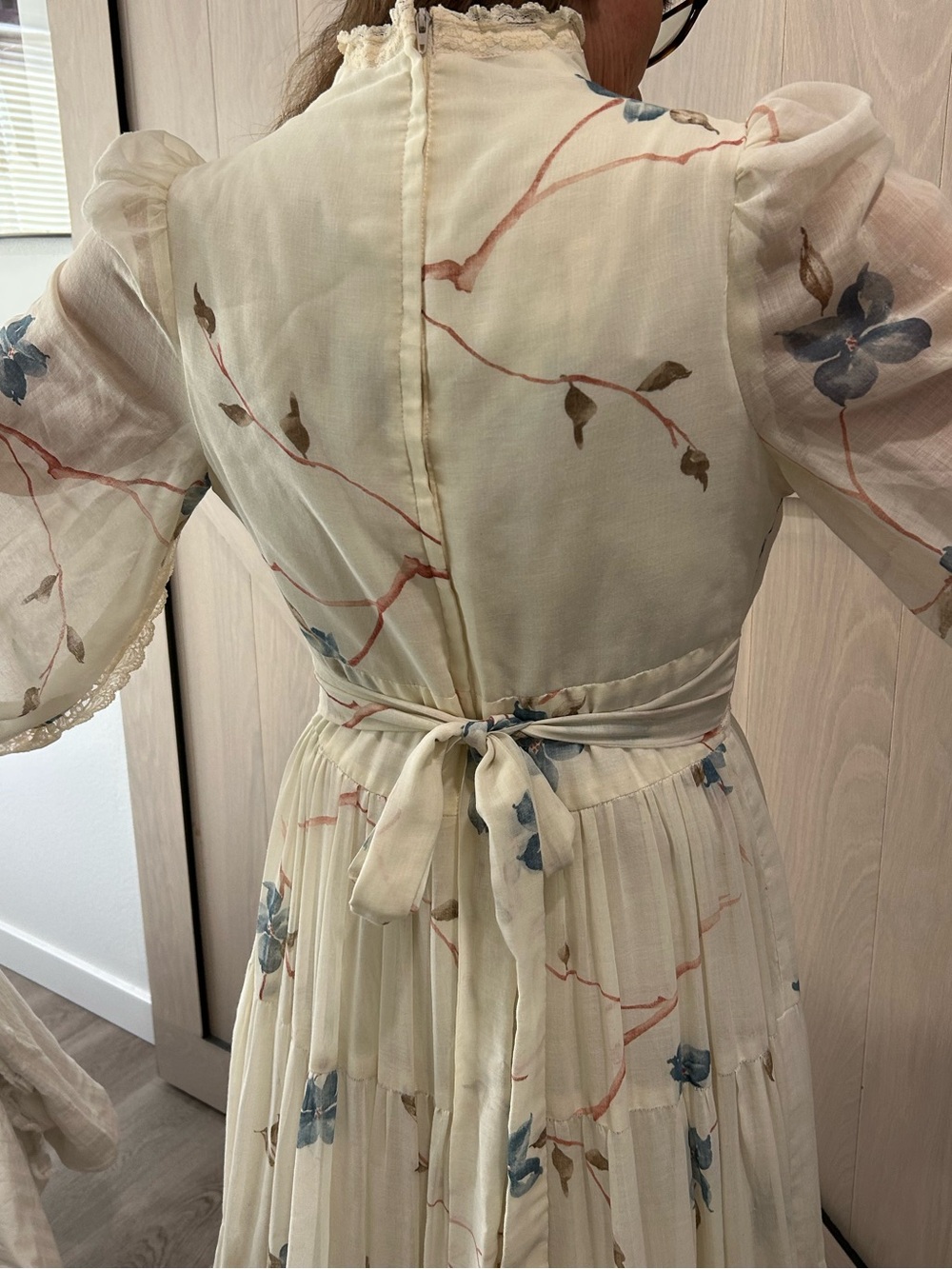 70’s Gunne Sax floral Dogwood print maxi bishop sleeve cream Sz Xs-Small - Picture 14 of 16